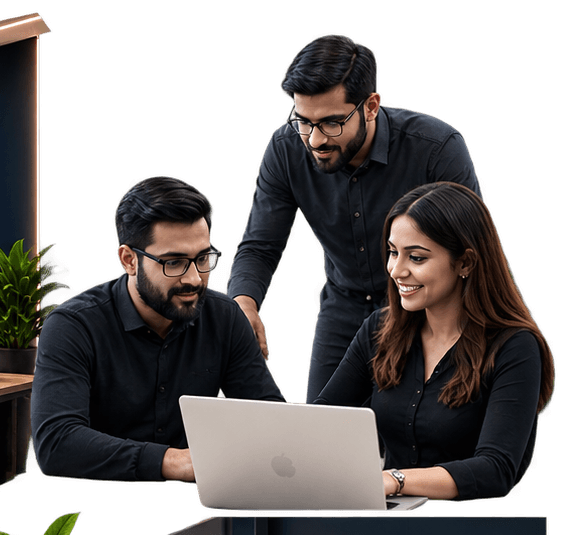 Illustration of three people reviewing work on a laptop
